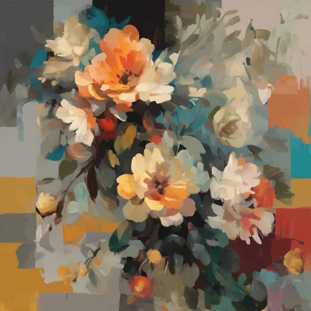 Λουλούδια σε ζωγραφική σύνθεση, έργα τέχνης με αφηρημένο στυλ και έντονα χρώματα.