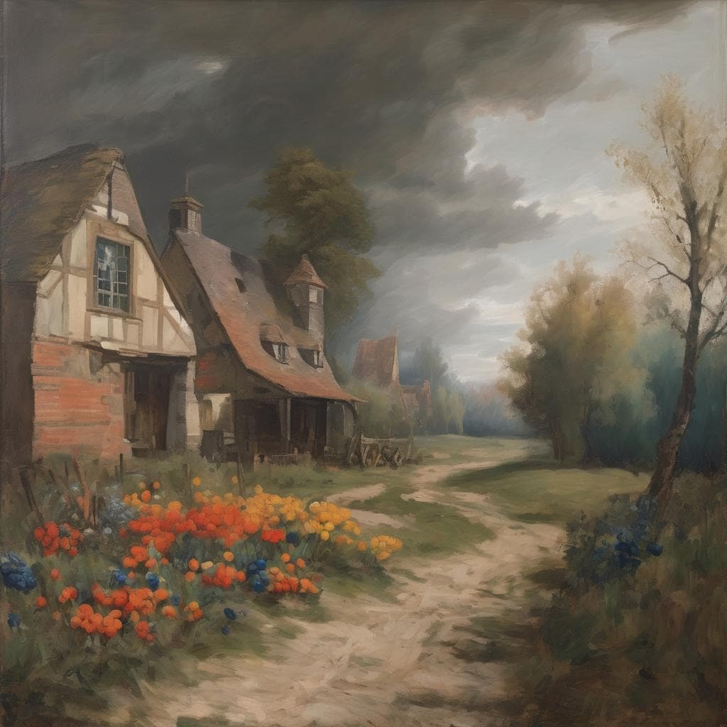 Παραδοσιακά σπίτια στη φύση με ηλιοβασίλεμα, έργα τέχνης στην ιστορία της τέχνης.