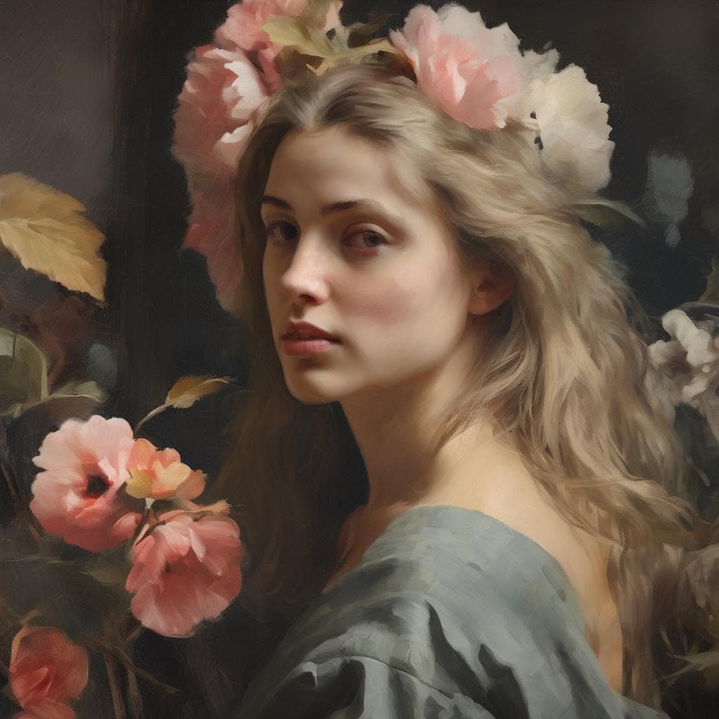 Ομορφιά και τέχνη σε έναν πίνακα με λουλούδια και μια νεαρή γυναίκα, επηρεασμένο από το έργο Τα έργα που άφησαν το στίγμα τους στην τέχνη.