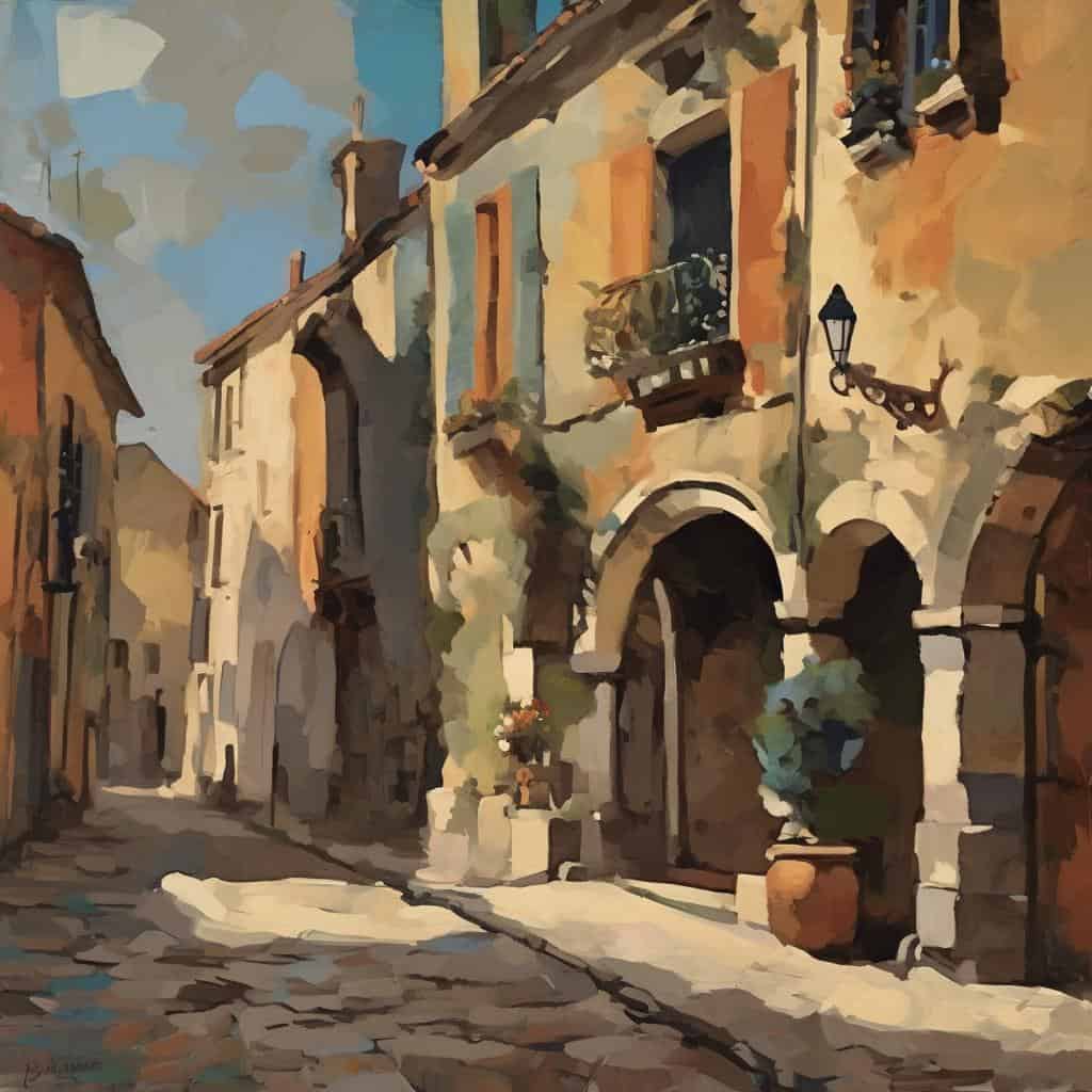 Γραφικό σκίτσο με παλιά ευρωπαϊκή αρχιτεκτονική σε στενό δρομάκι, τέχνη και έργα που άφησαν το στίγμα τους.